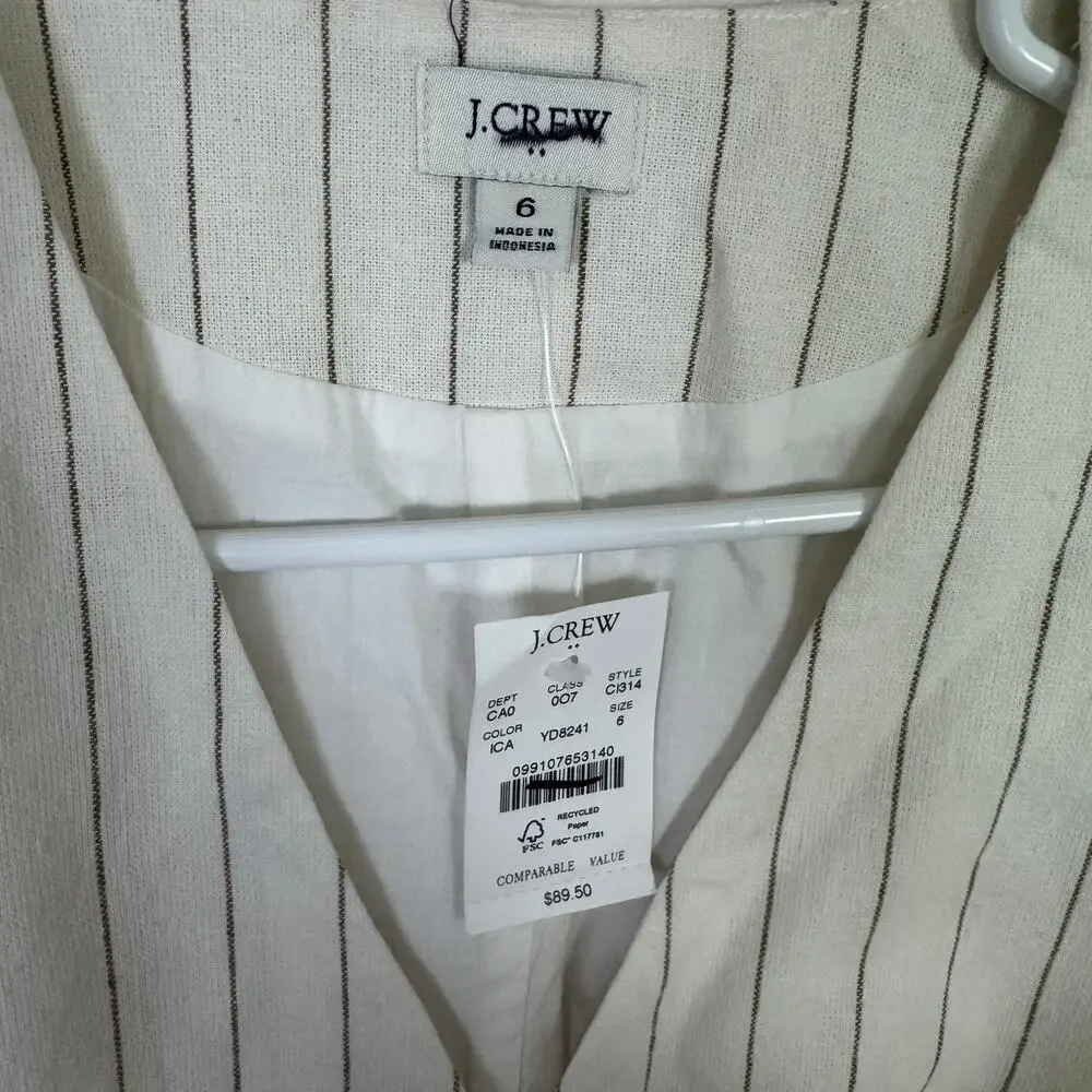 J.Crew Linen Blend Vest Womens 6 White Brown Pinstripes Sleeveless V-neck Lined